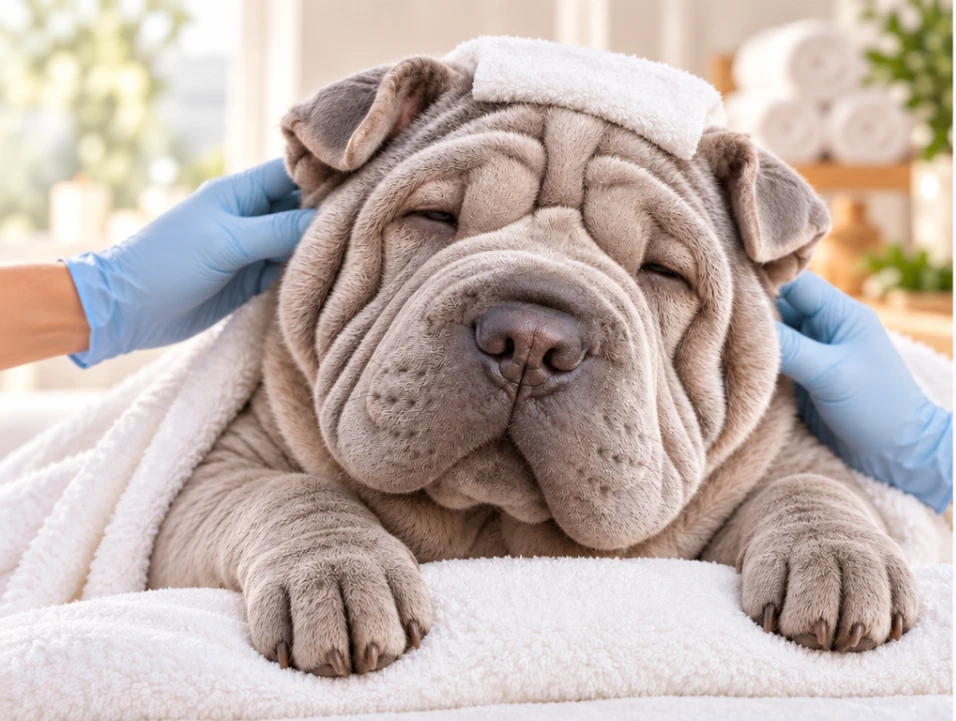 Humorvolles Motiv: ein Shar-Pei-Hund im Spa, in weiße Handtücher gewickelt, mit stark gefaltetem Gesicht