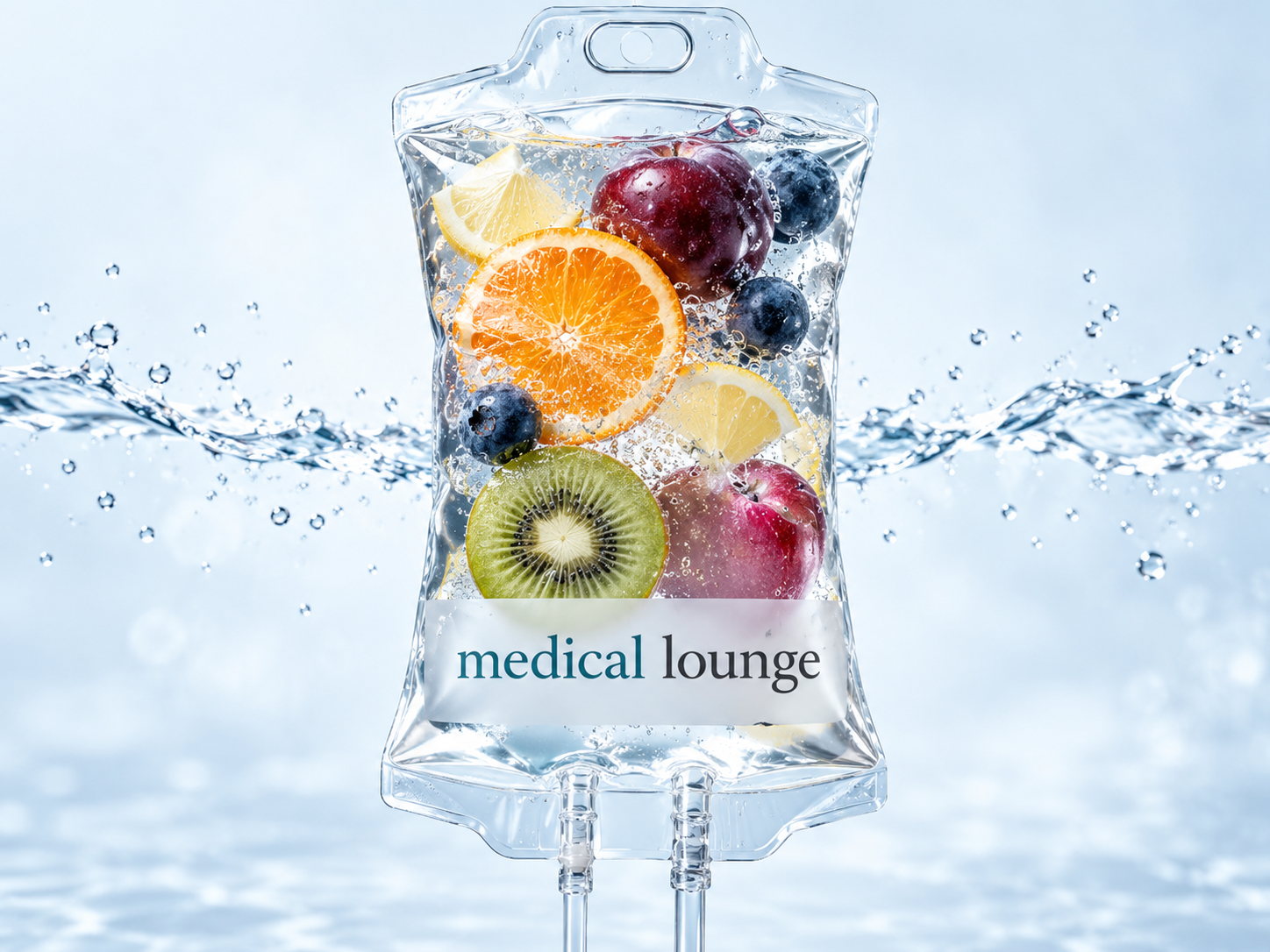 Illustratives Motiv eines transparenten Infusionsbeutels mit Obst und medical-lounge-Logo