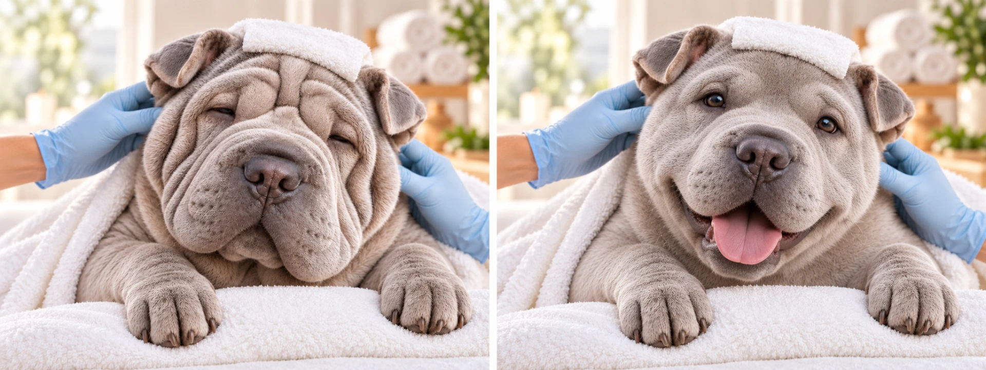 Humorvolles Vorher-Nachher-Motiv: ein Shar-Pei-Hund im Spa, links mit stark gefaltetem Gesicht, rechts glatt und fröhlich
