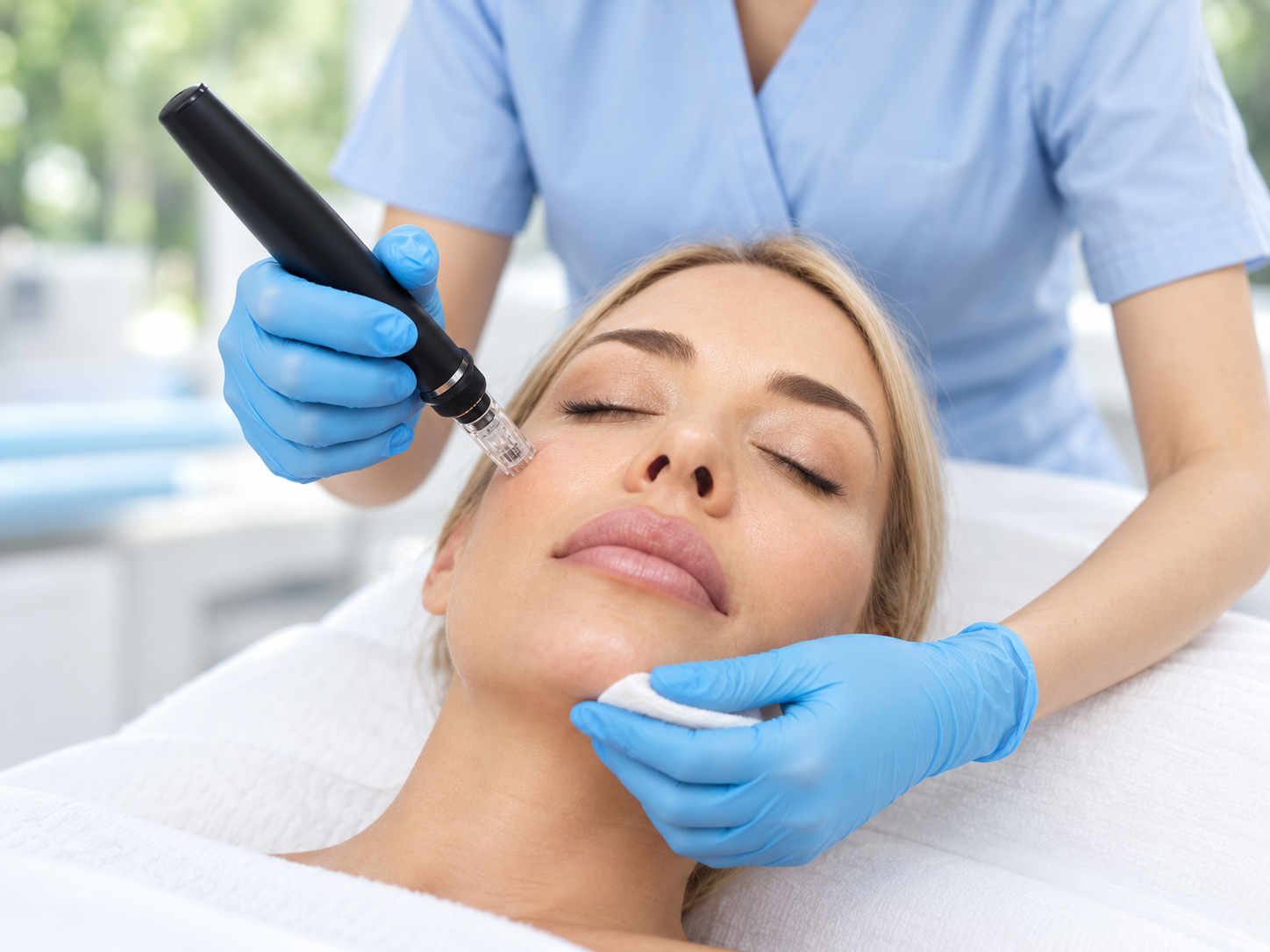 Microneedling-Motiv mit schwarzem Gerät und zwei blauen Behandlungshänden