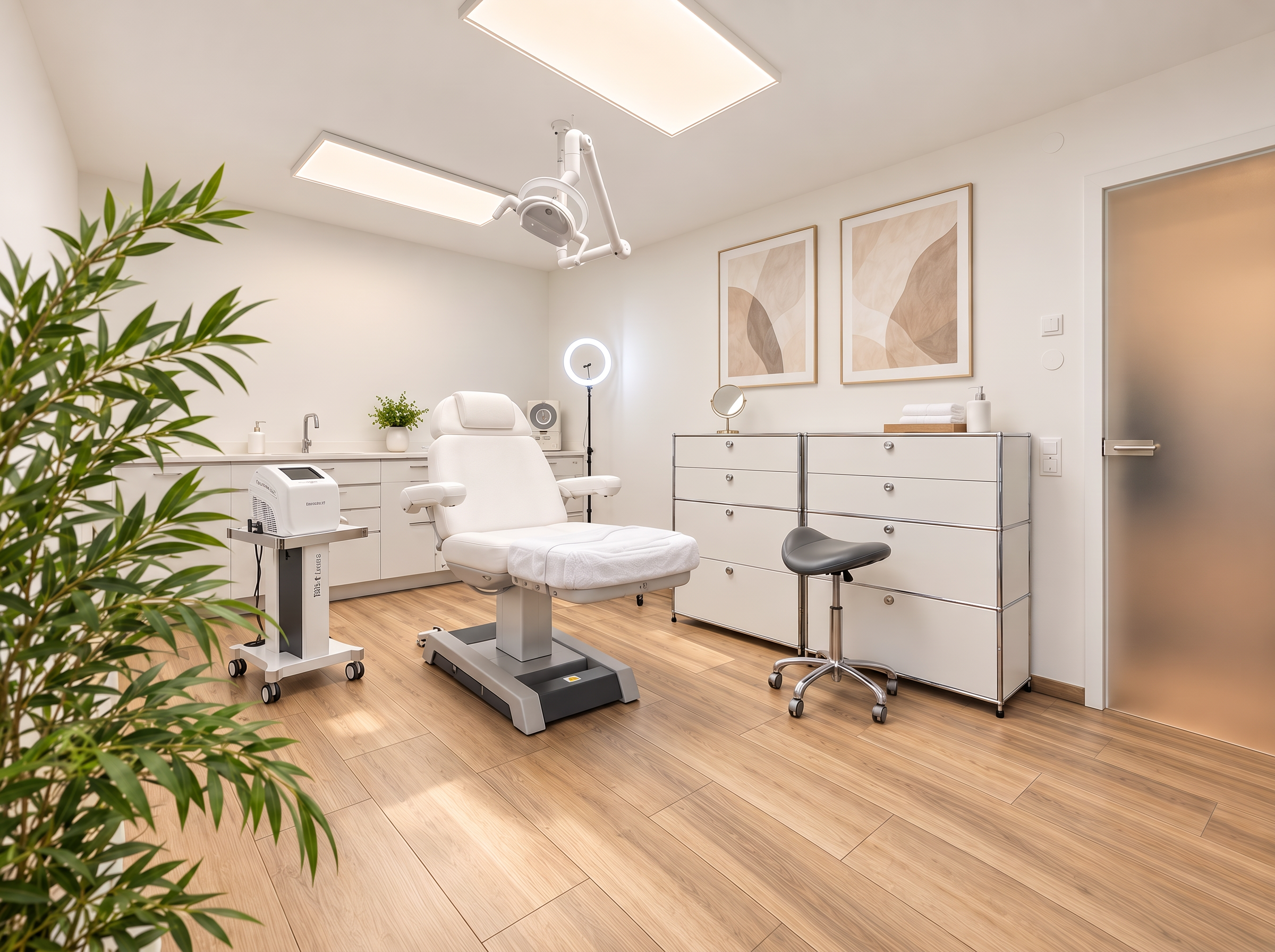 Hauptbehandlungsraum mit Behandlungsliege und Sideboard